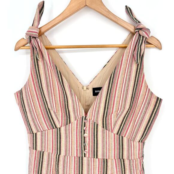Sugarlips Pink Green Cream Tie Shoulder Striped Button Front Mini Dress Size M - Picture 4 of 7